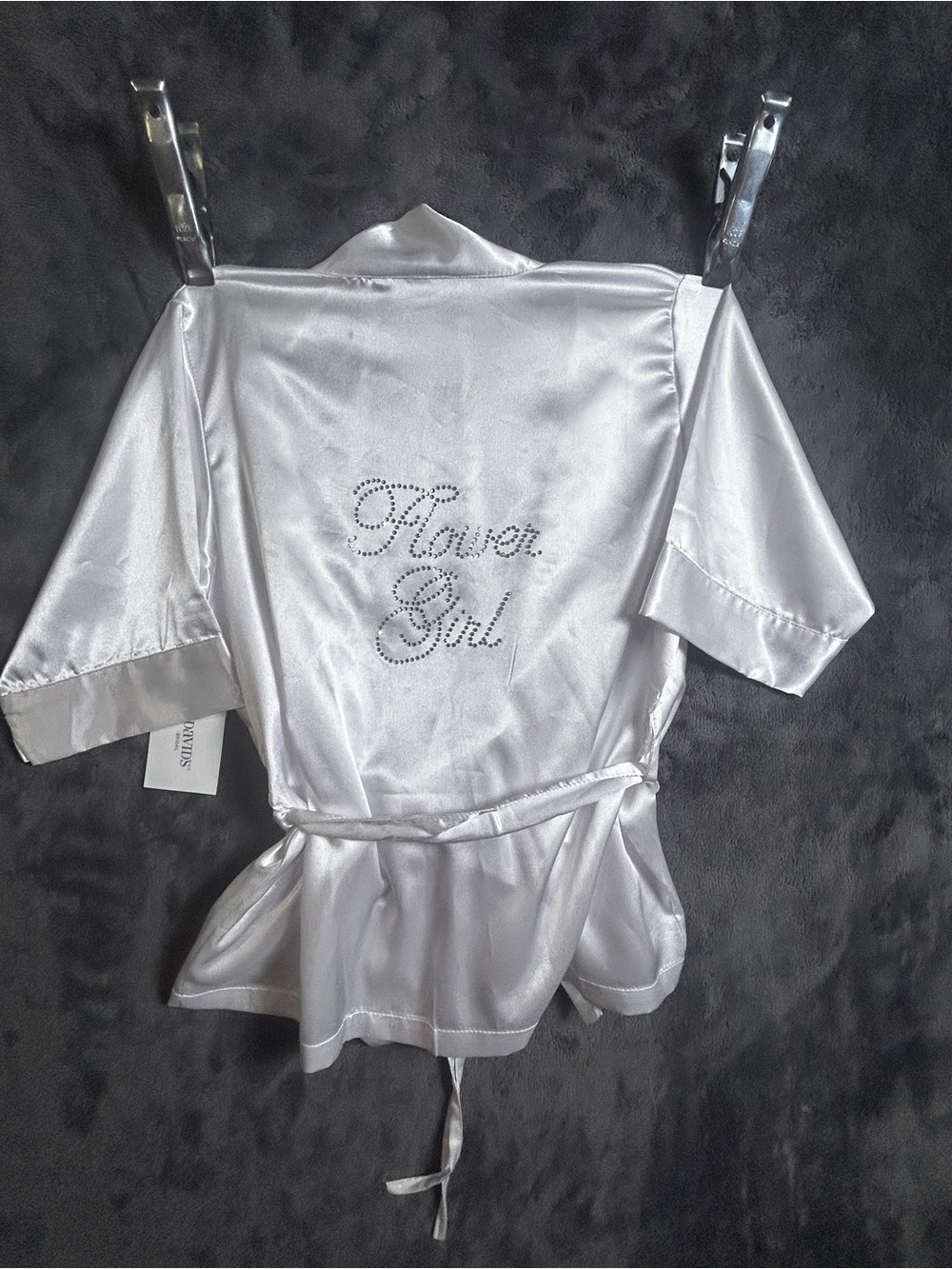 David's Bridal White or Pink Satin 'Flower Girl' Robe with Rhinestone Script